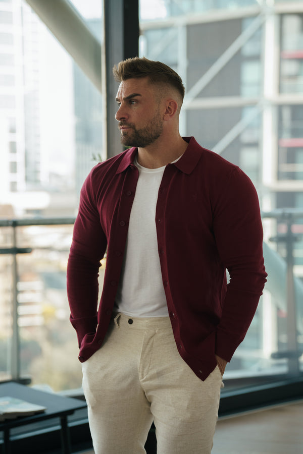 Father Sons Classic Plain Burgundy Knitted Button Through Polo Long Sleeve - FSN214
