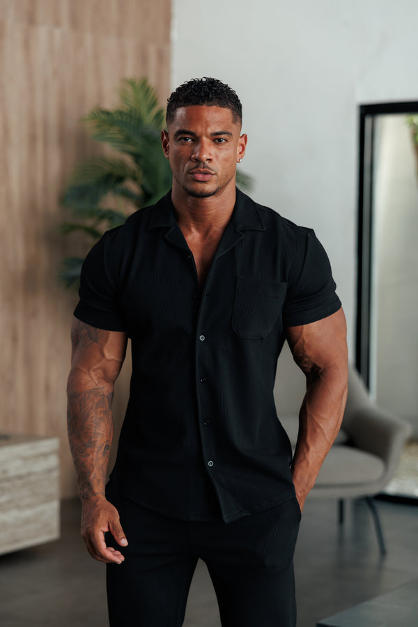 澳洲幸运5开奖号码结果预测官网 Father Sons Jersey Cord Stretch Black Revere Shirt Short Sleeve - FSR018