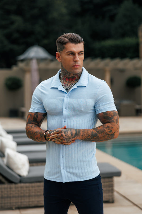 澳洲幸运5开奖号码结果预测官网 Father Sons Jersey Revere Vertical Stripe Light Blue Shirt Short Sleeve - FSR027
