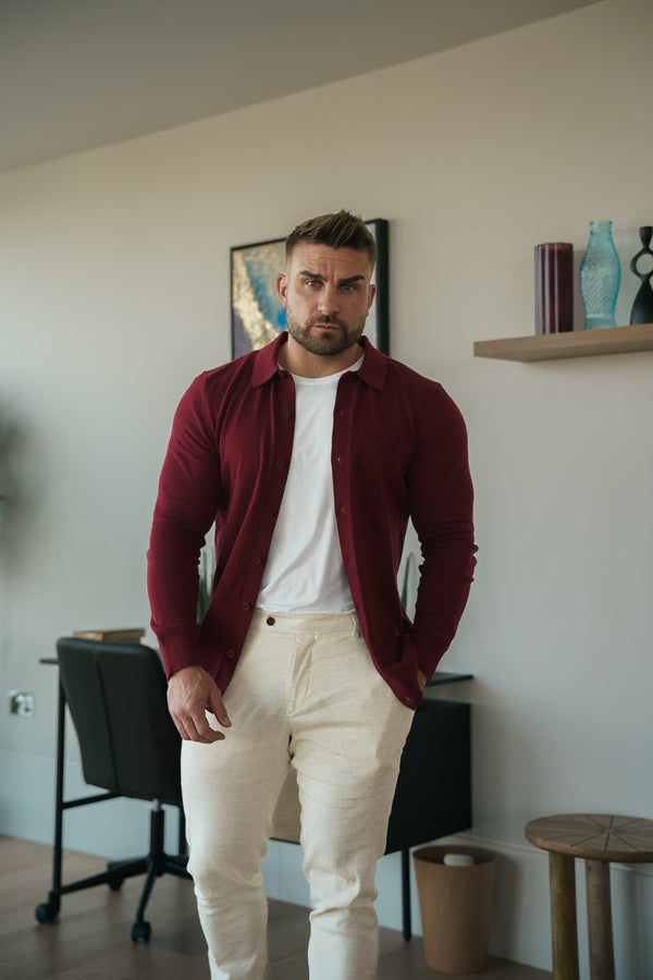 Father Sons Classic Plain Burgundy Knitted Button Through Polo Long Sleeve - FSN214