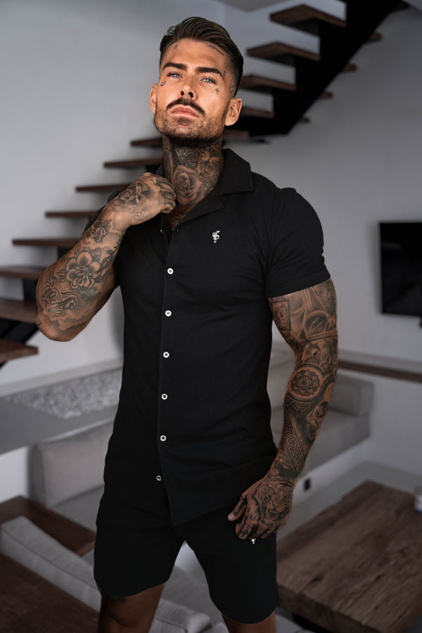 Father Sons Stretch Black / Silver Pique Revere Shirt Short Sleeve - FSH1355
