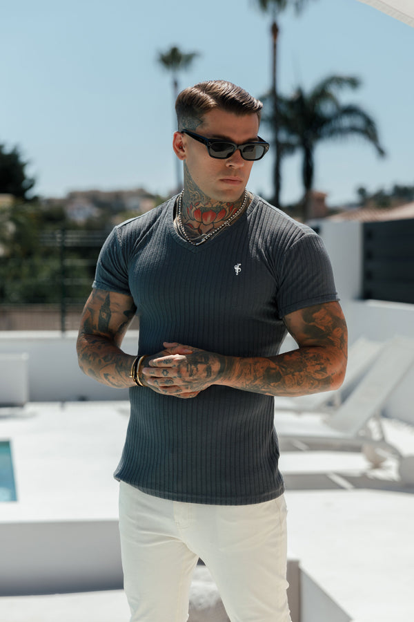 Father Sons Super Slim Charcoal / Silver V Neck Ribbed Crew - FSH1127